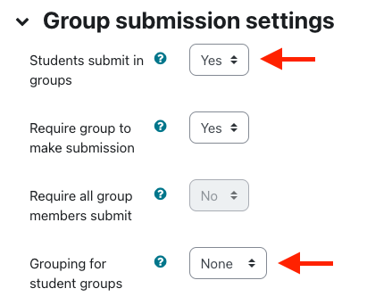 In group submission settings, select yes for students submit in groups, and select your desired grouping