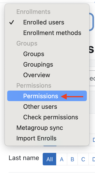 From enrolled users dropdown menu select permissions