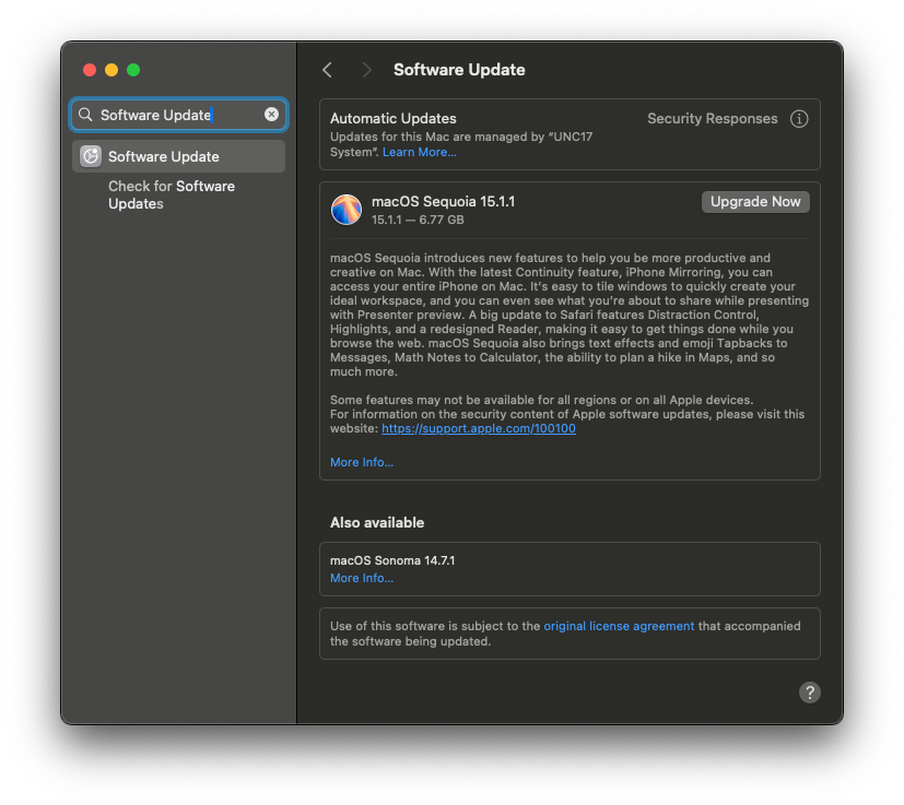 Search for Software Update in the left sidebar.