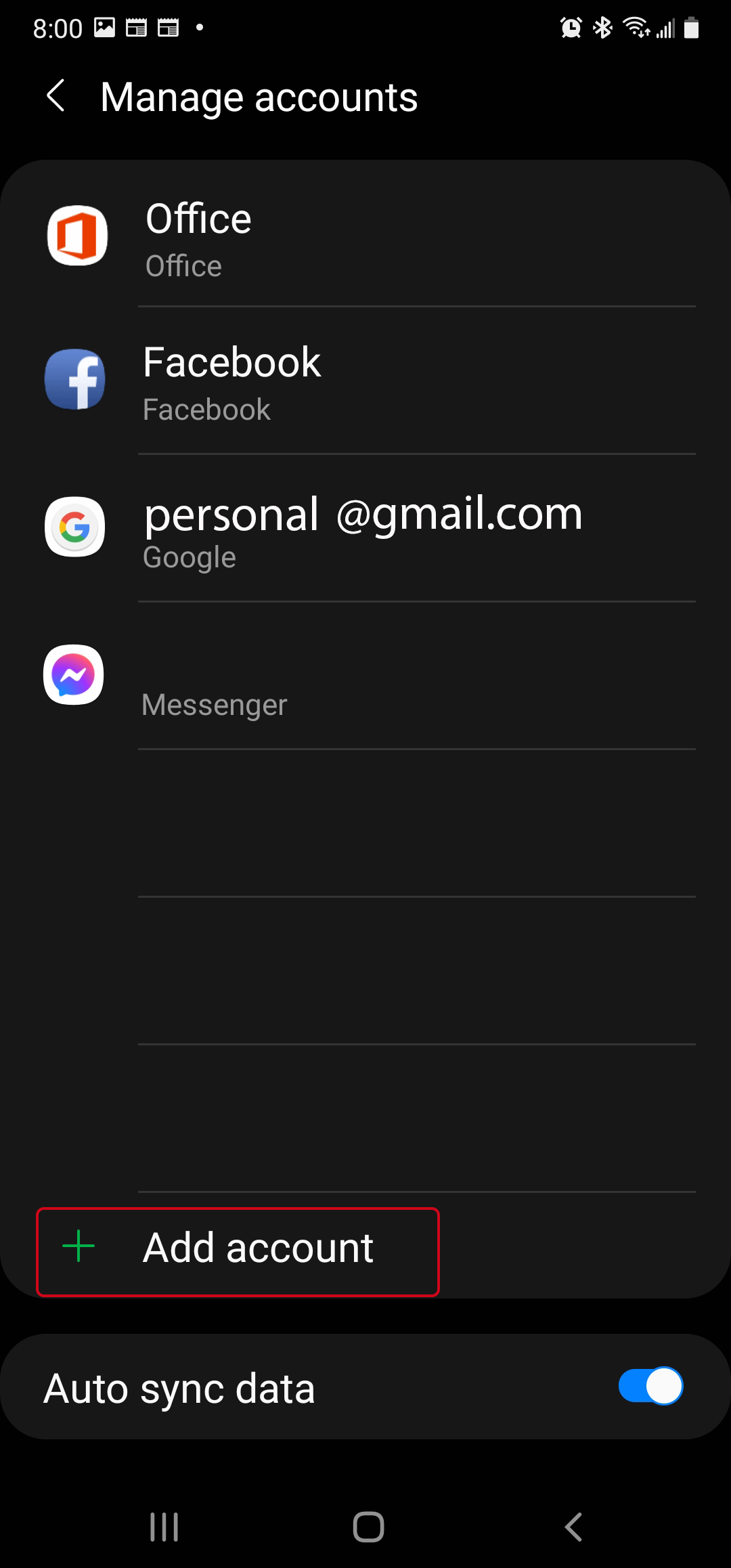 Adding a new account in your phone settings.