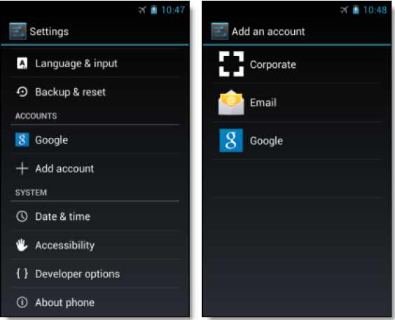 Adding Google through Account Settings on an older Android device.