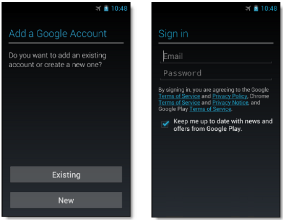 Clicking add an existing Google account and entering your credentials.