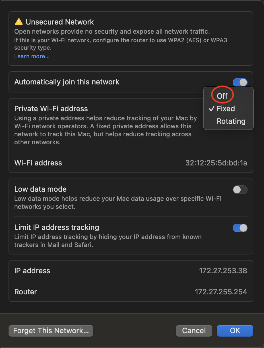 Adjust the settings for private Wi-Fi address. 