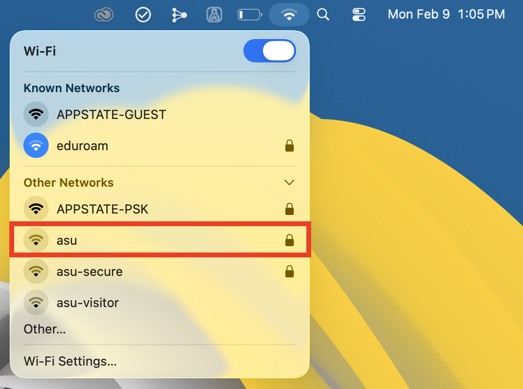 Select asu from the Wi-Fi menu.