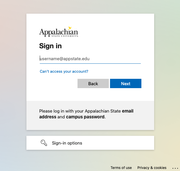 Entering your App State email.