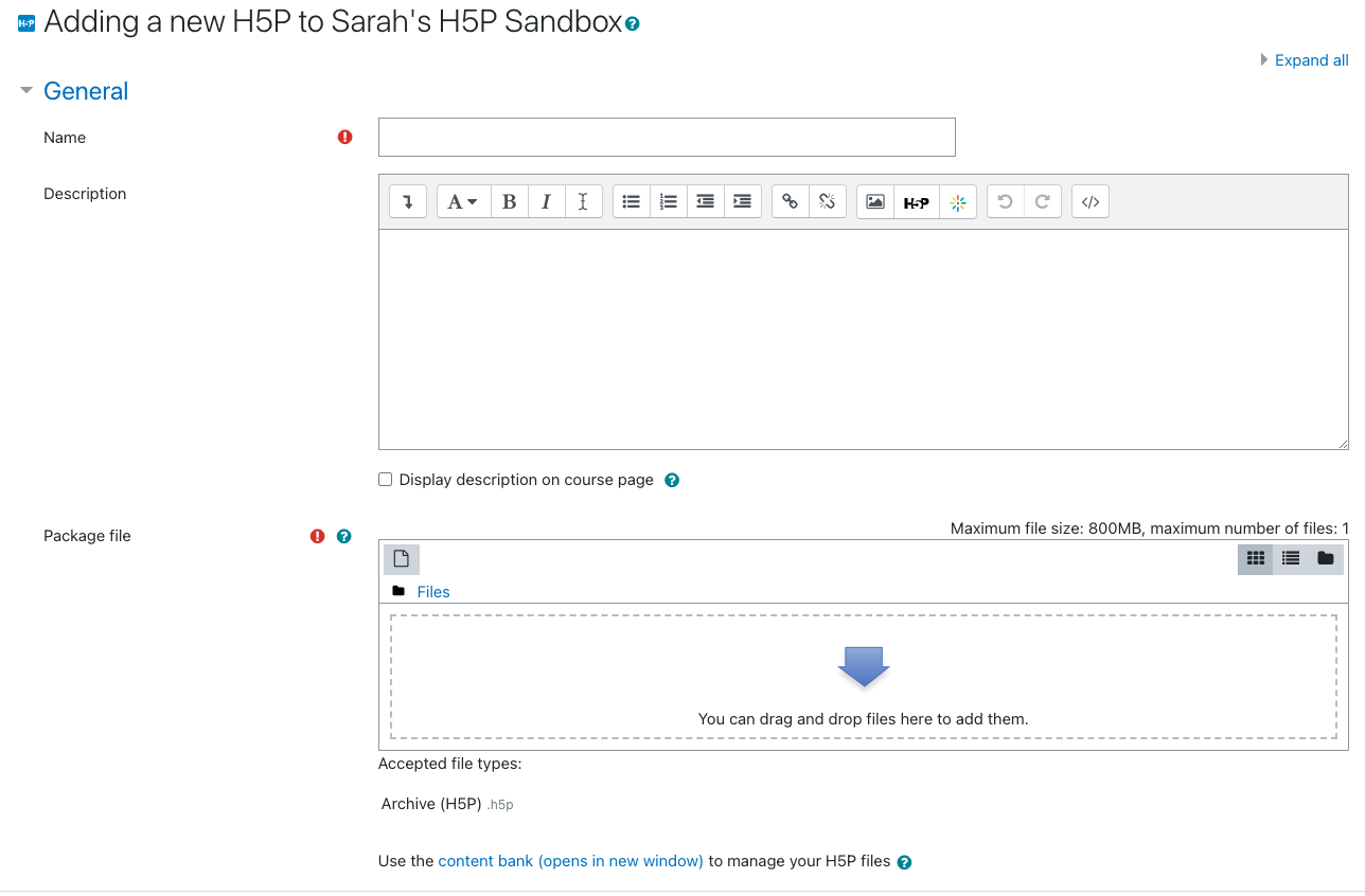 Screenshot of the set up page for adding an H5P activity to AsULearn.