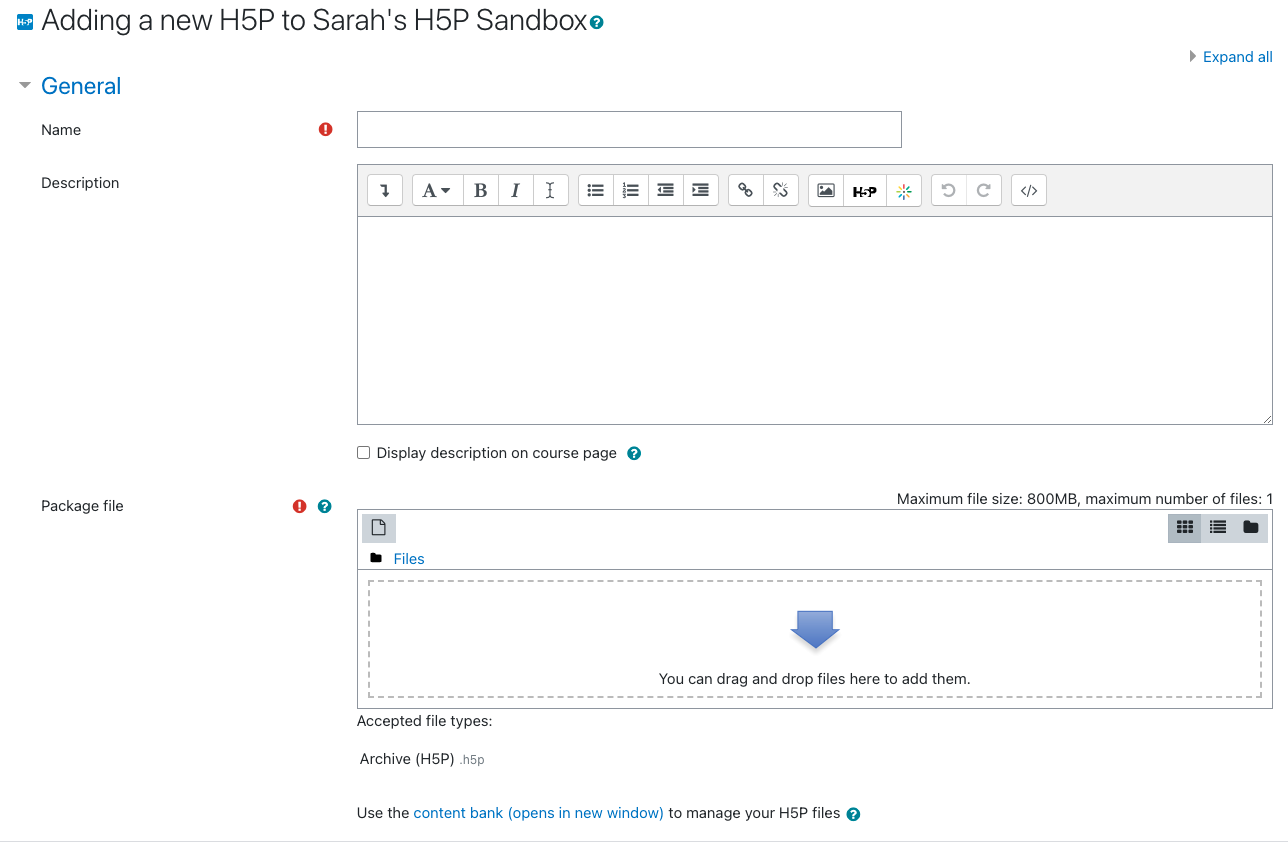 Appalachian Technology Knowledge Base > H5P: Add an Activity to AsULearn > Screen Shot 2021-06-24 at 4.35.21 PM.png (Screenshot of the set up page for adding an H5P activity to AsULearn.) Screenshot of the set up page for adding an H5P activity to AsULearn.