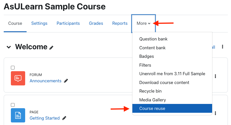 Click the More option in the course menu along the top, then selecting Course reuse