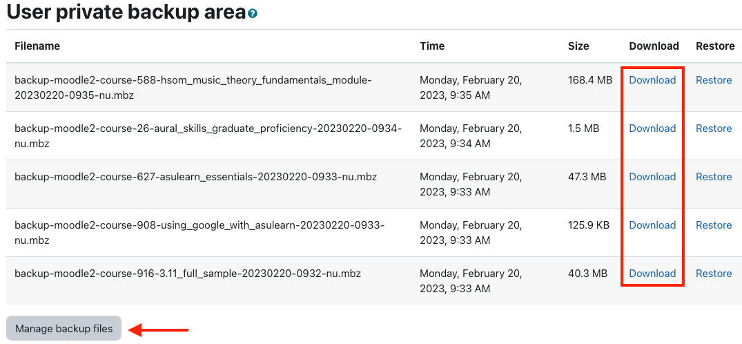 Download or manage your backups from the User private backup files area