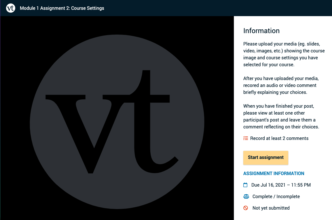 Screen shot of the VoiceThread Assignment page, student view.