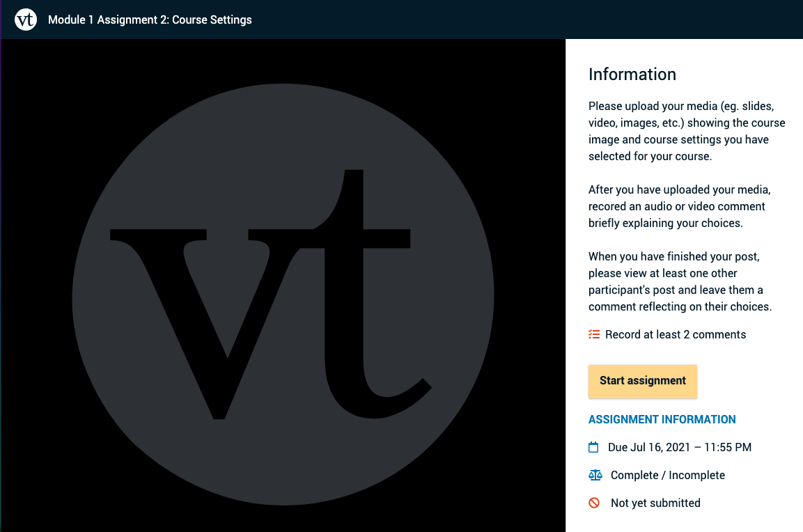 Screen shot of the VoiceThread Assignment page, student view. Screen shot of the VoiceThread Assignment page, student view.