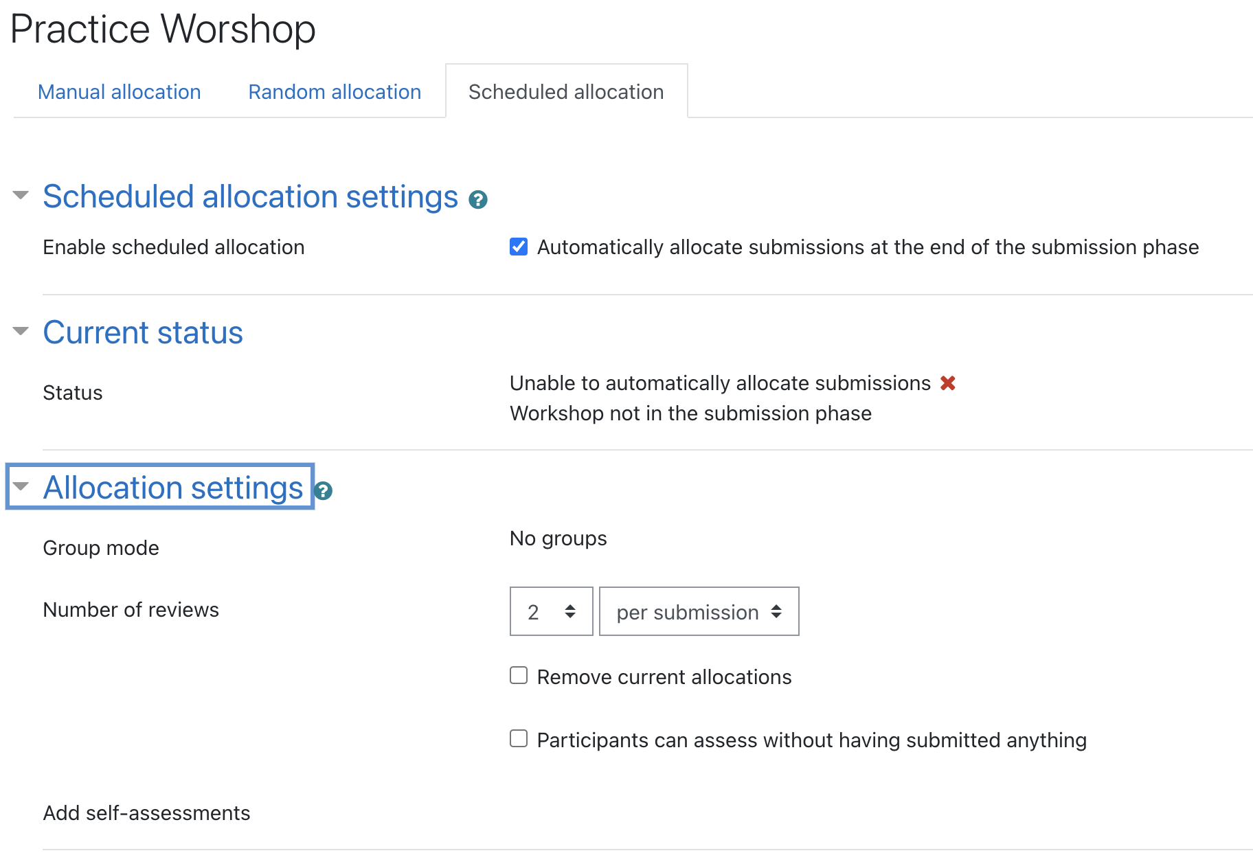 Screenshot of the Allocation Settings page within the Workshop assignment tool.
