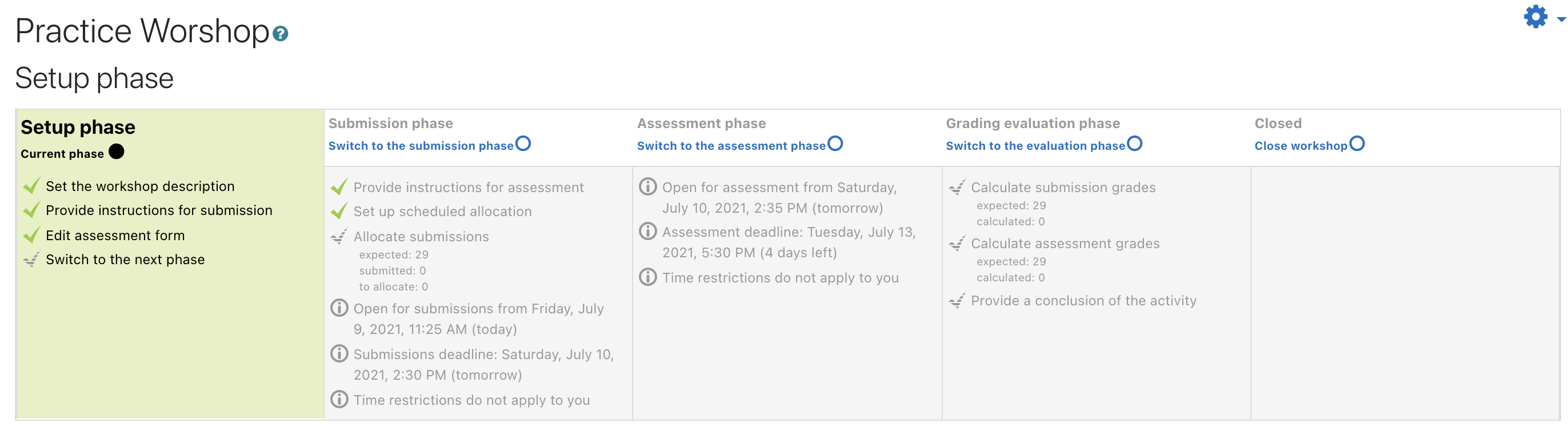 Screenshot of the Phases Workshop page after the additional settings have been saved.