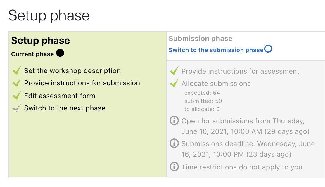 Screenshot of Phases in the Workshop assignment showing the Setup phase and the Submission phase.