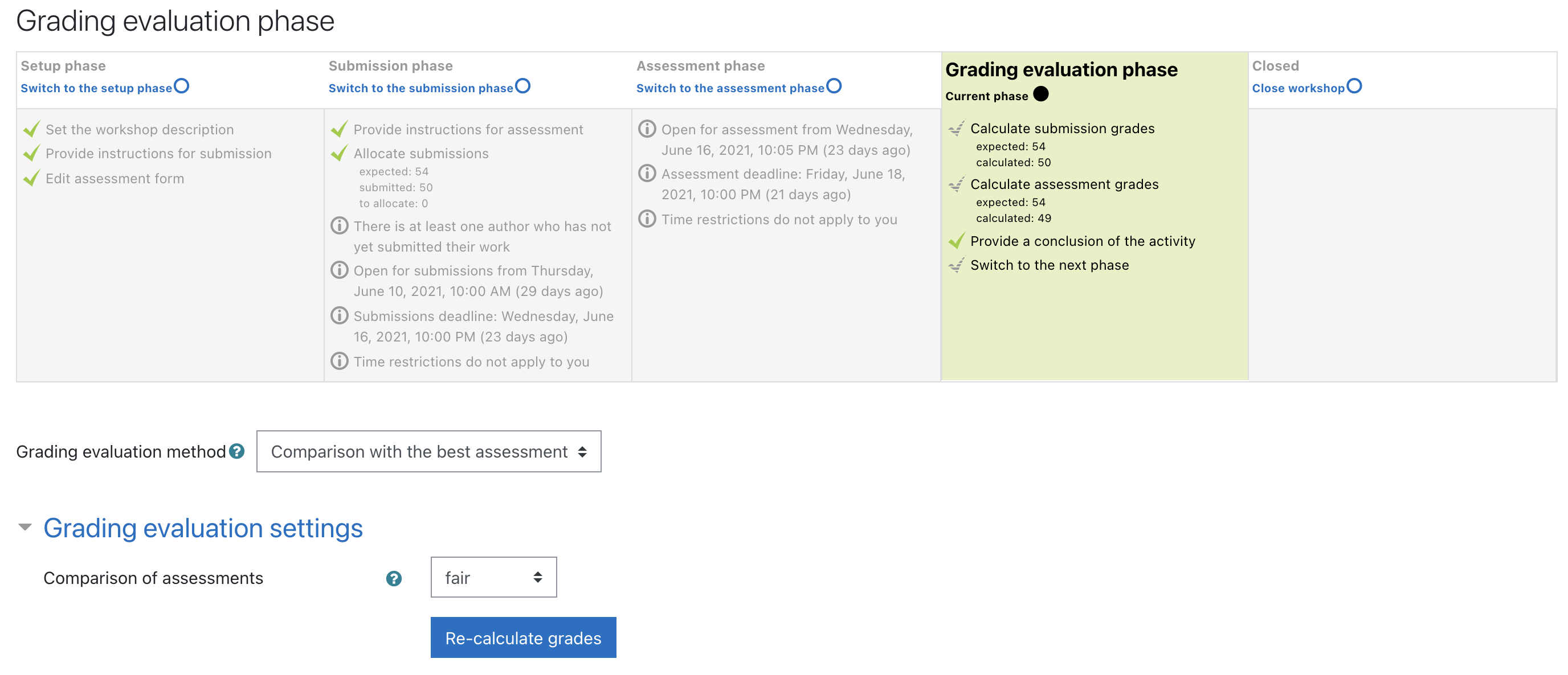 Screenshot highlighting the Grading Evaluation Phase in the Workshop assignment.