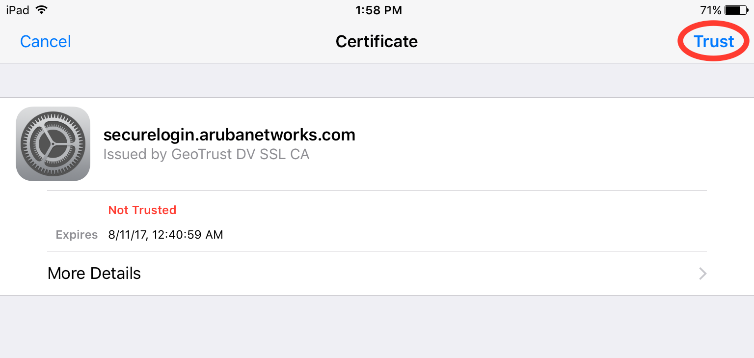 Clicking on the Trust button to accept the certificate.