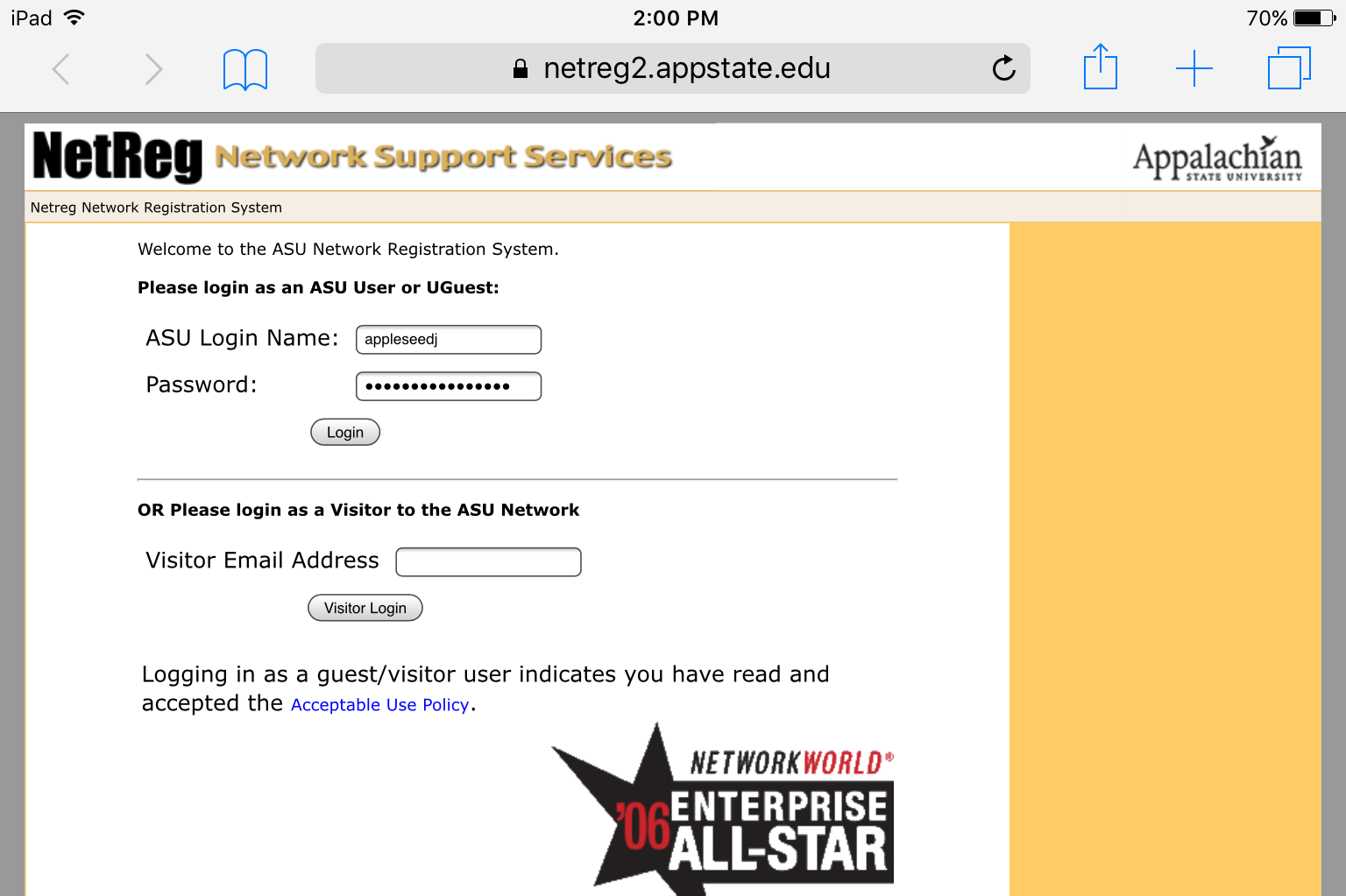 Logging into Netreg to register a device.