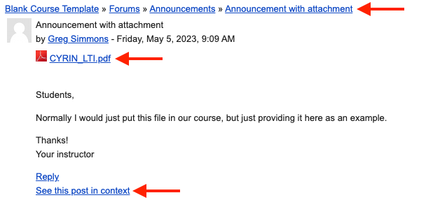Sample email from announcement forum with links to course, post, and attached file