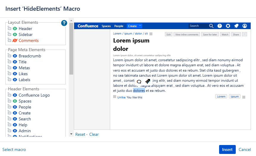 Hide different page elements using the macro and then click Insert.