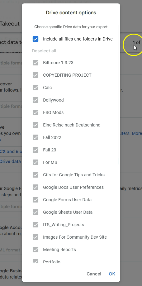 Selecting Folders for export from your Drive