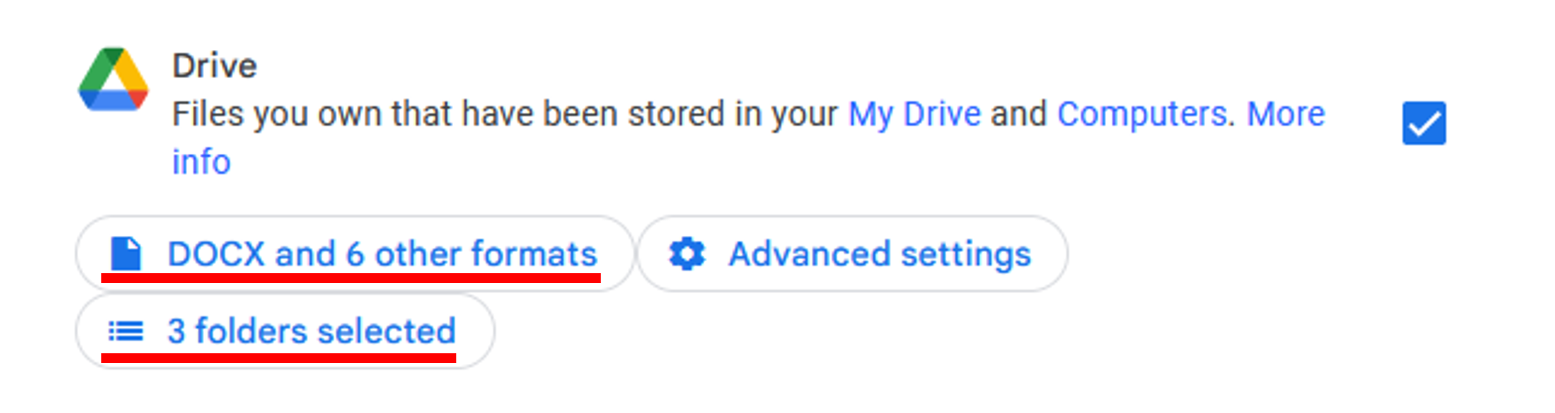 Report of Data Options that have been selected.