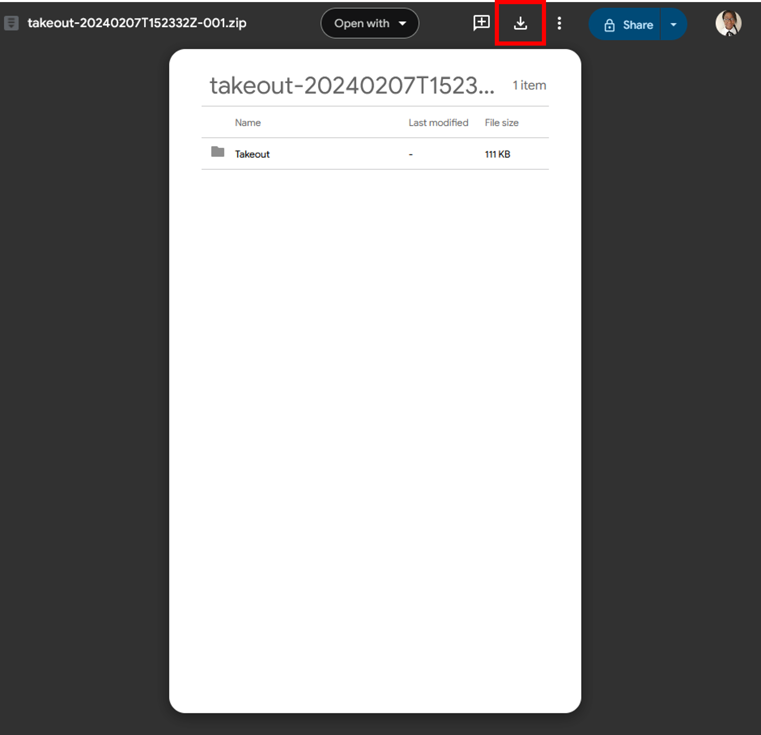 Locating and downloading the export in Google Drive.
