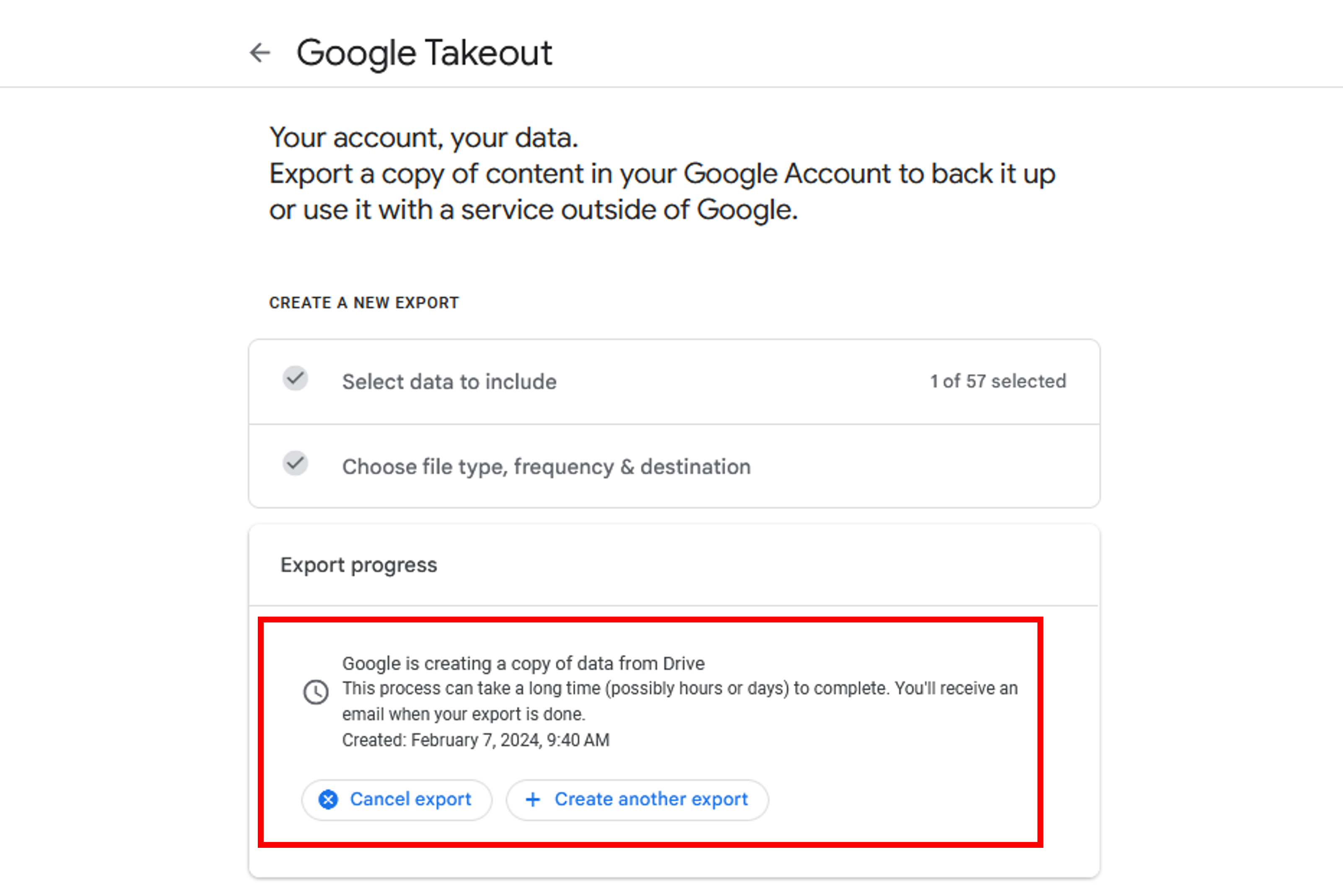 View the status of your export, cancel, or begin a new export.