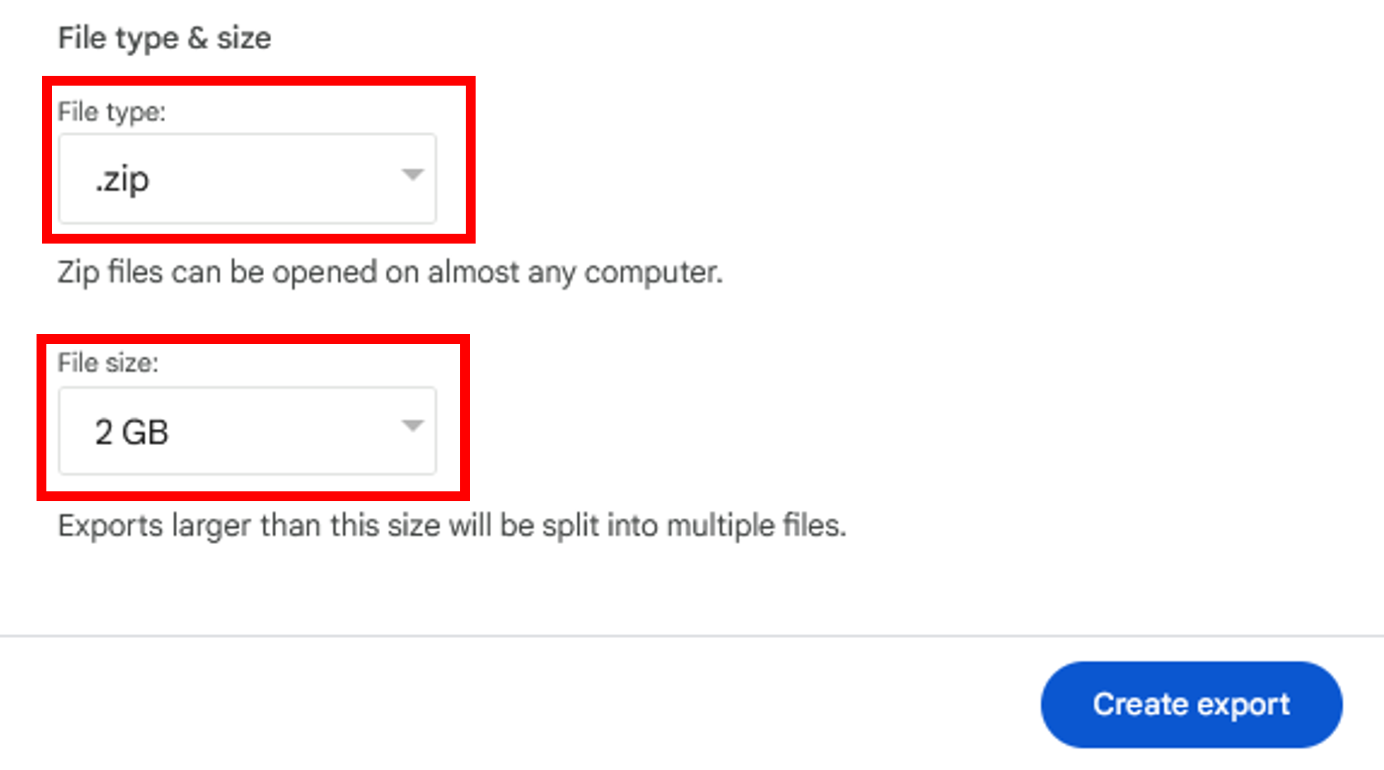 Choosing the file type from the drop-down and selecting the maximum size for exports then clicking Create Export.