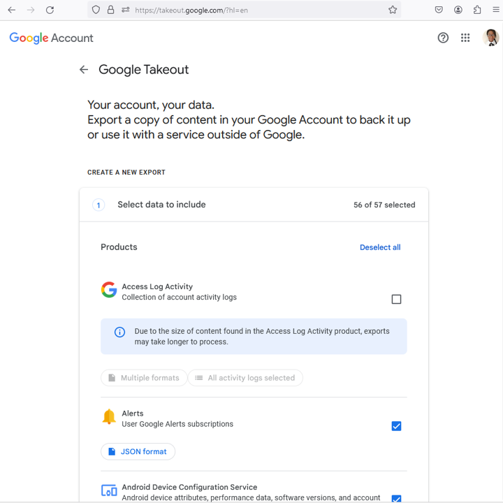 Navigation to takeout.google.com