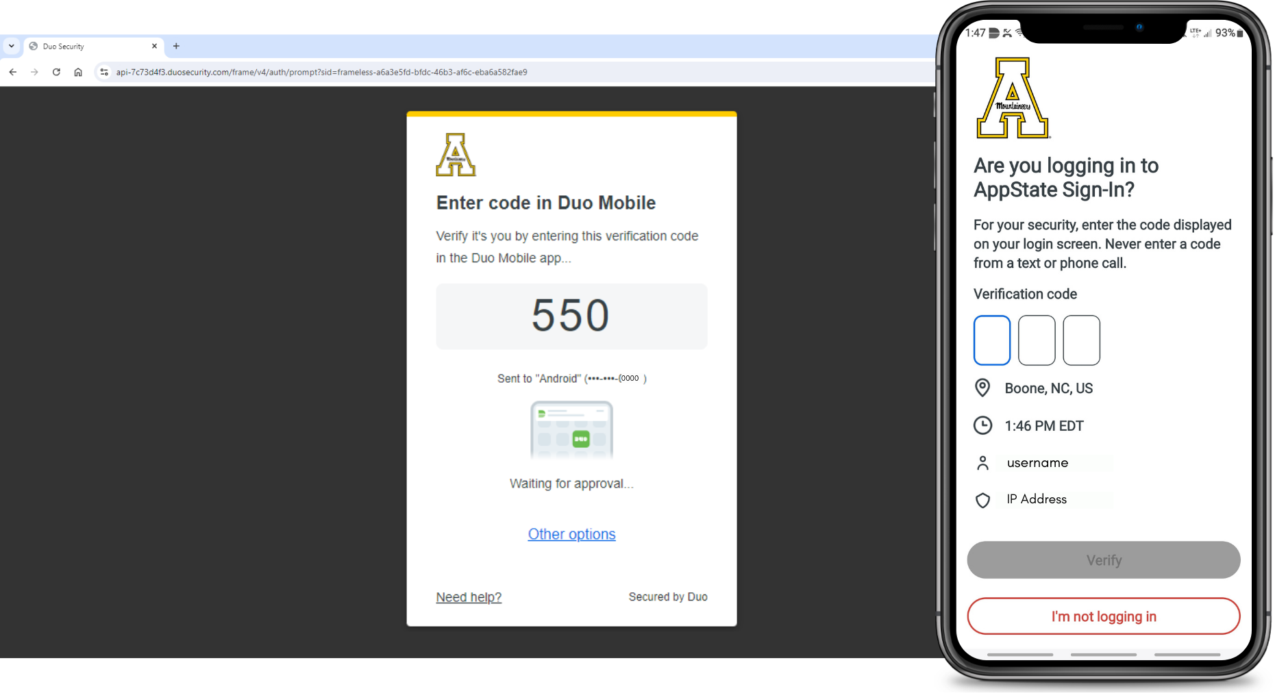 Duo prompt with Verified Push code. Enter the code on your device. 