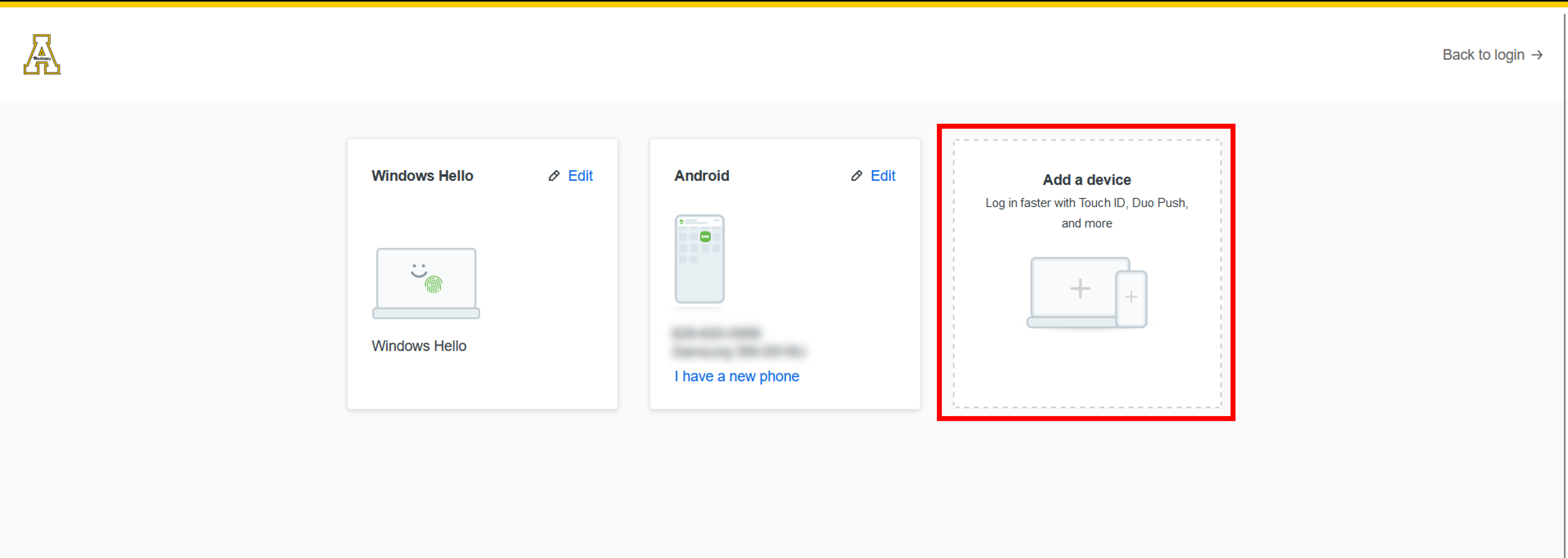 Options for adding a new device for Duo authentication.