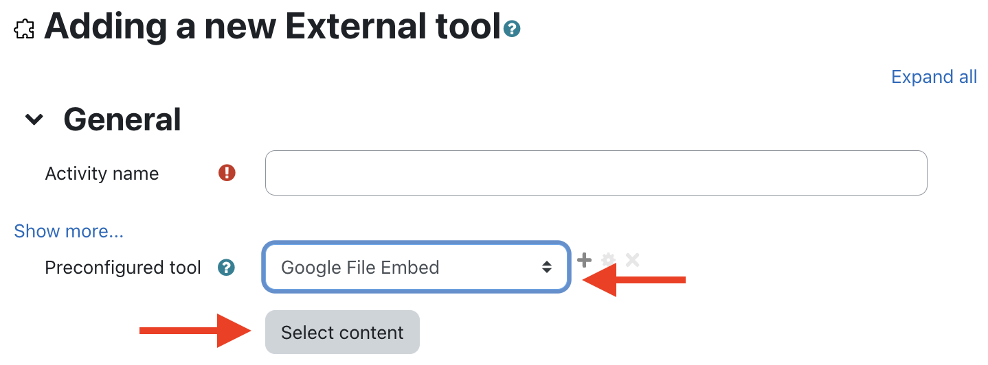 From the adding a new external tool page select Google File Embed from the Preconfigured tool drop down menu