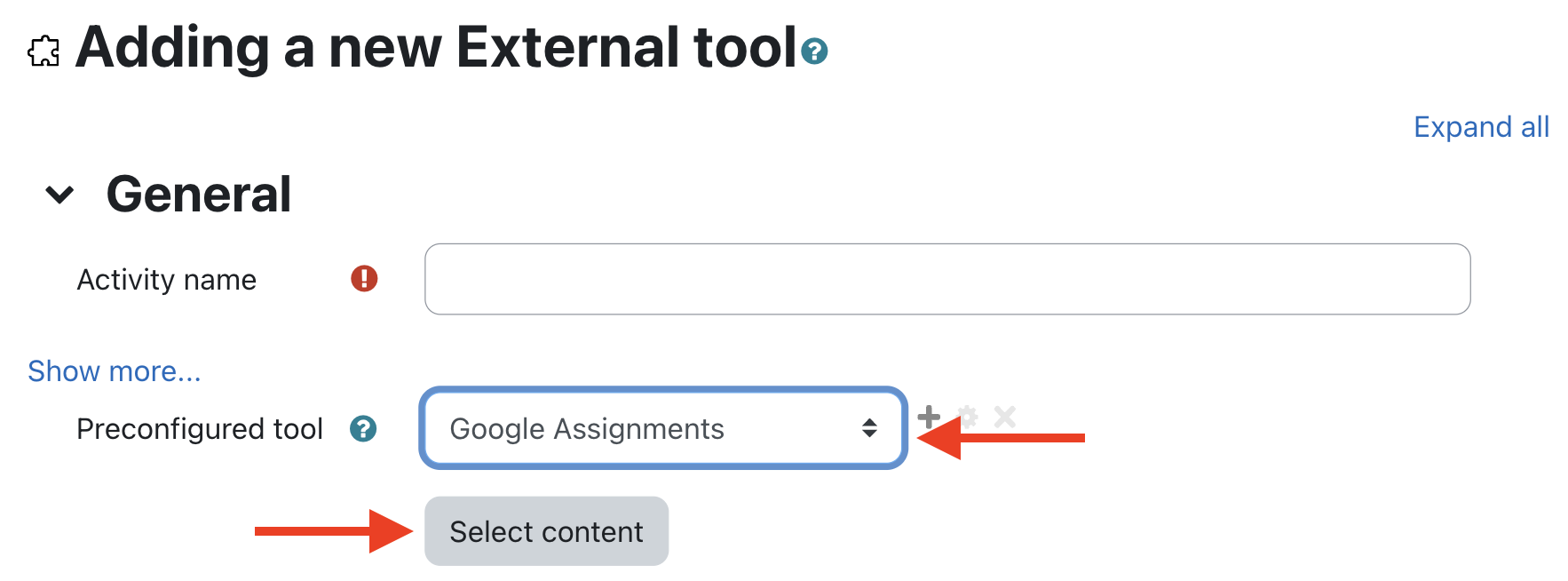From the adding a new external tool page select Google Assignments from the Preconfigured tool drop down menu