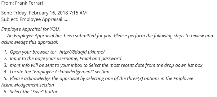 Fake Employee Appraisal phishing attempt transmitted by email.