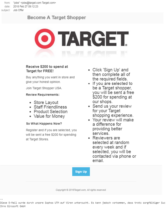An example of a fake job offer that looks like it comes from target. 