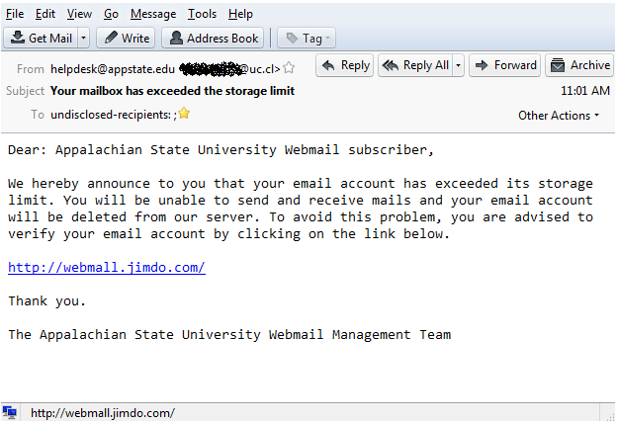 An example of a fake mailbox storage limit email phishing attempt. 