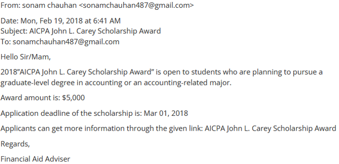 Example of a fake scholarship offer phishing attempt. 