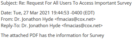 Example of request for survey responses phishing attempt. 