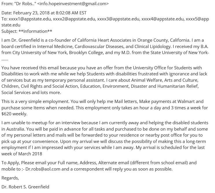 An example of an unsolicited job offer phishing attempt.
