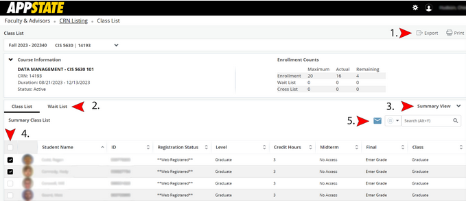 Displaying the class list page and more options. 