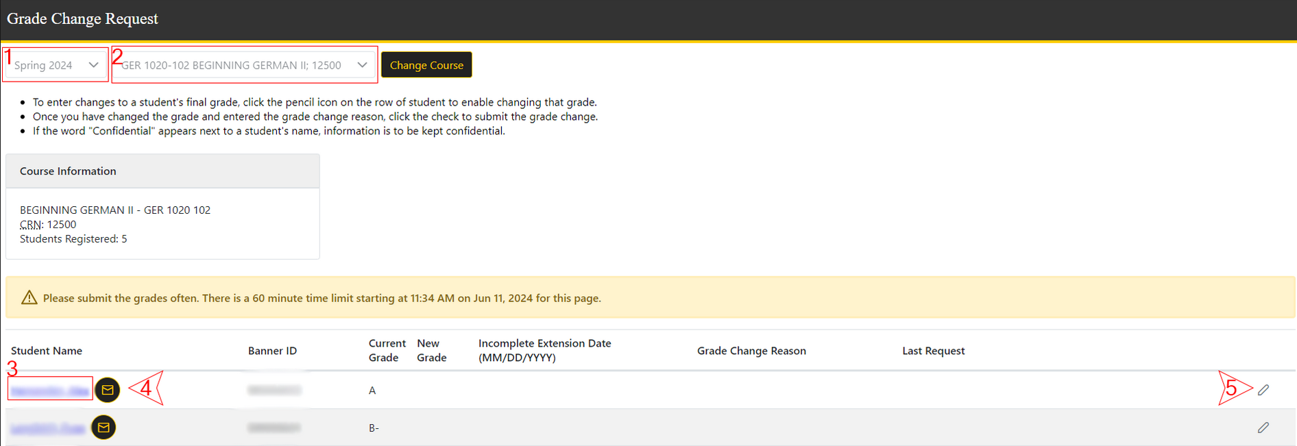 Options in the grade change request page. 