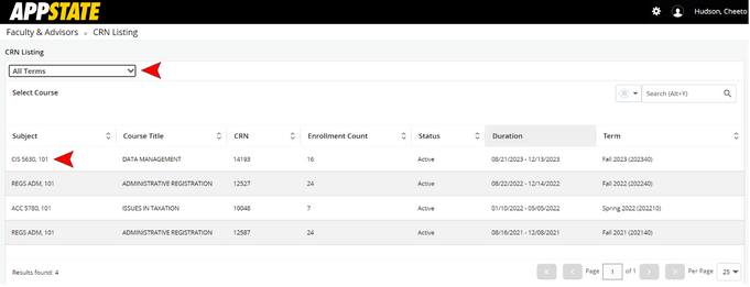 Searching through your class list by term and selecting a class by name.