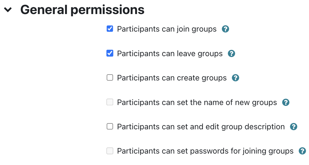 General permissions section, select only students can join groups and students can leave groups