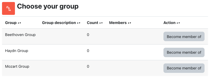 Student view of Group self-selection activity