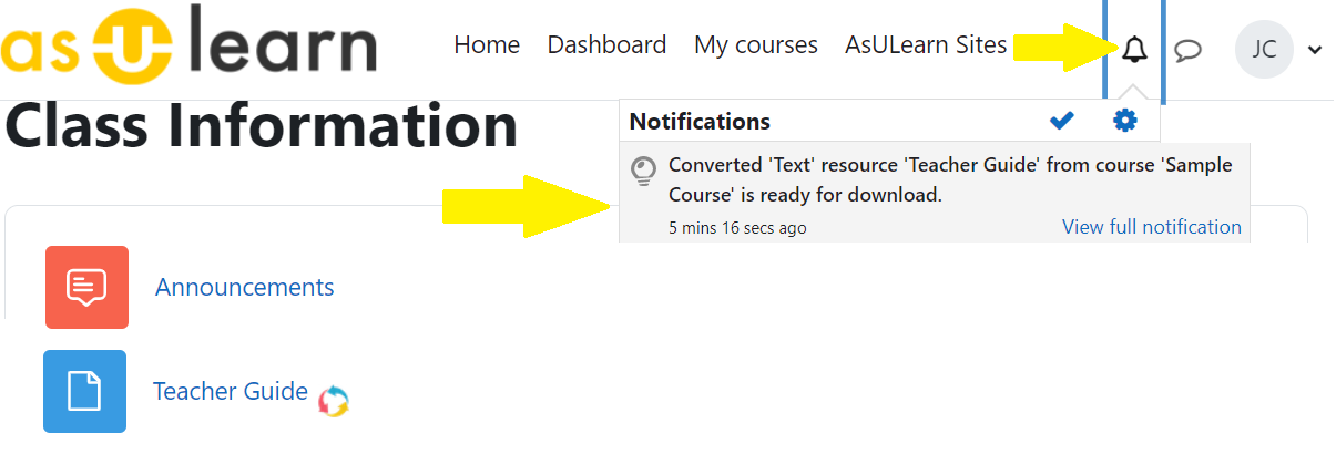 Showing link to the notification that the link is ready in AsULearn