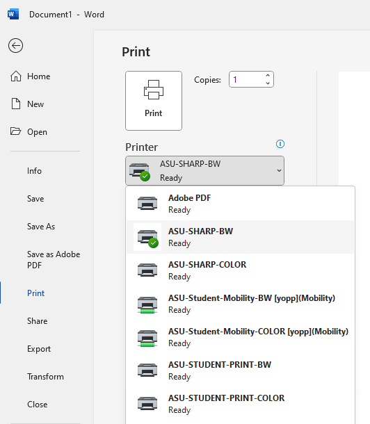 Print from Word Using the Drop-Down