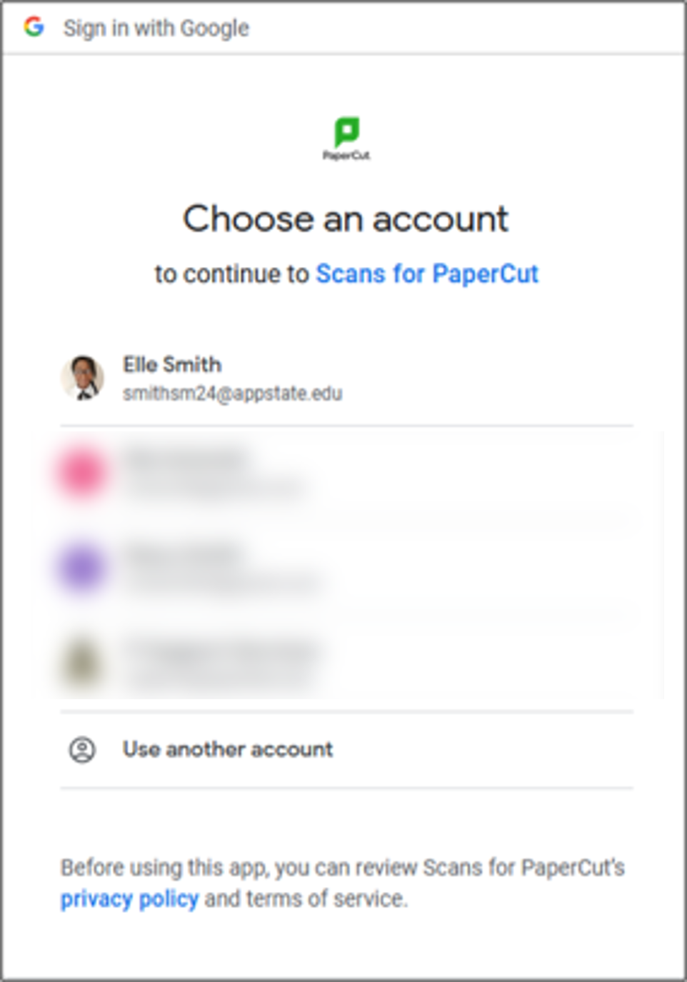 Choose your App State account from the drop down.