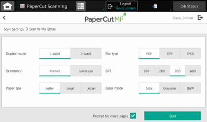 Select the options for orientations, size, duplex, etc.