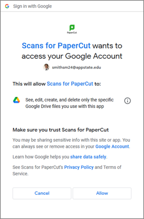 Click allow to allow PaperCut to send scans to your Google Drive.
