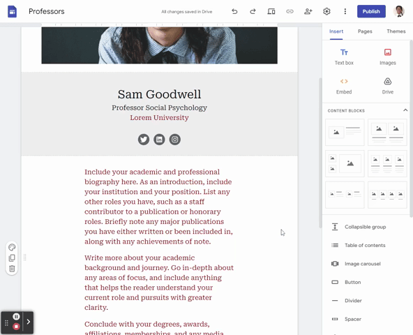 Adding Elements like a table of contents, image carousels, and buttons using the Insert tab.